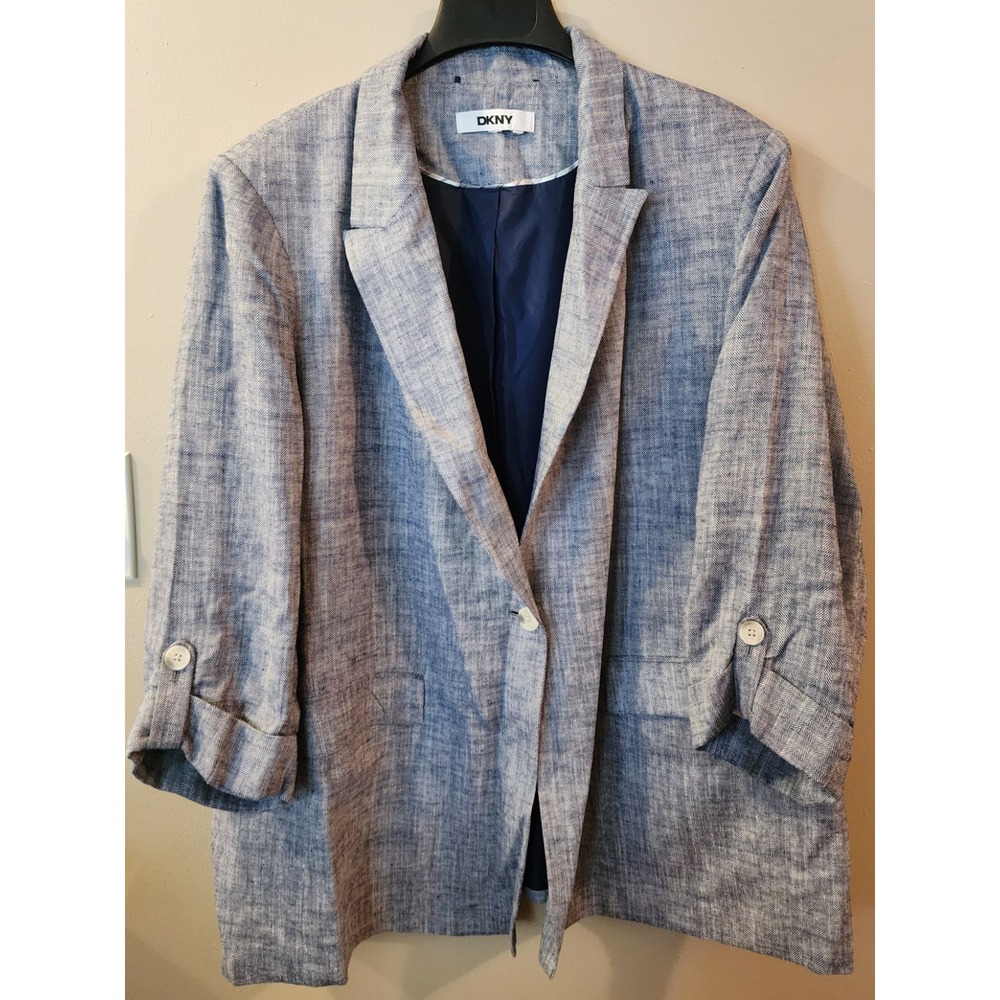 DKNY Blue Herringbone Linen Blend Blazer